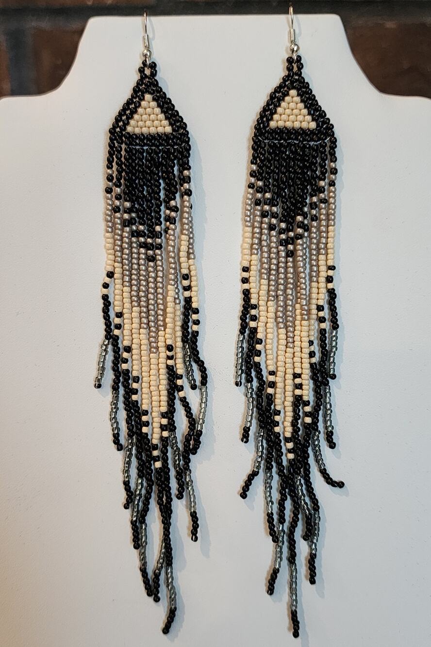 Hand Beaded Long Tassel Earrings Geometric Black and Beige